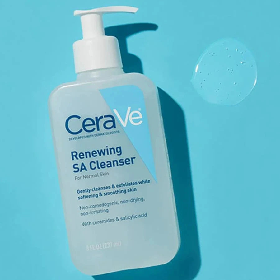 CeraVe Renewing SA Cleanser bottle on a blue background