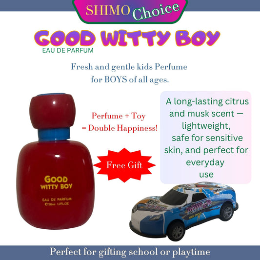 Red perfume bottle labeled 'Good Witty Boy' with a toy car and promotional text on a white background.