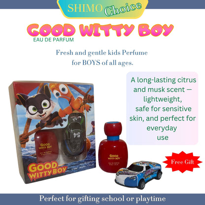 Good Witty Boy perfume packaging with product and car-shaped gift on a white background