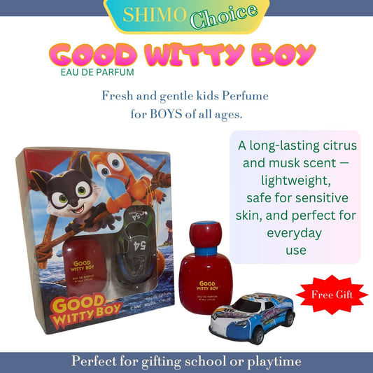 Good Witty Boy perfume packaging with product and car-shaped gift on a white background