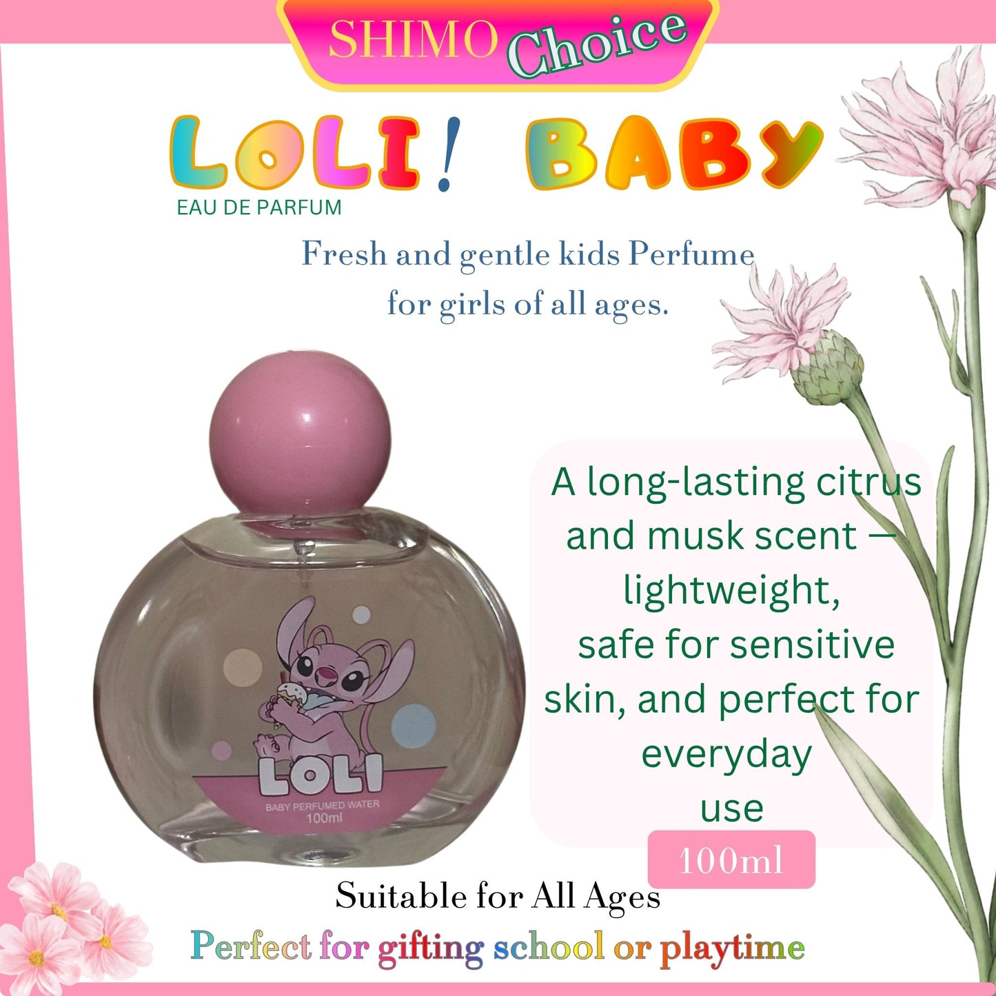 Loli Baby perfume bottle with floral elements and product description text on a white background