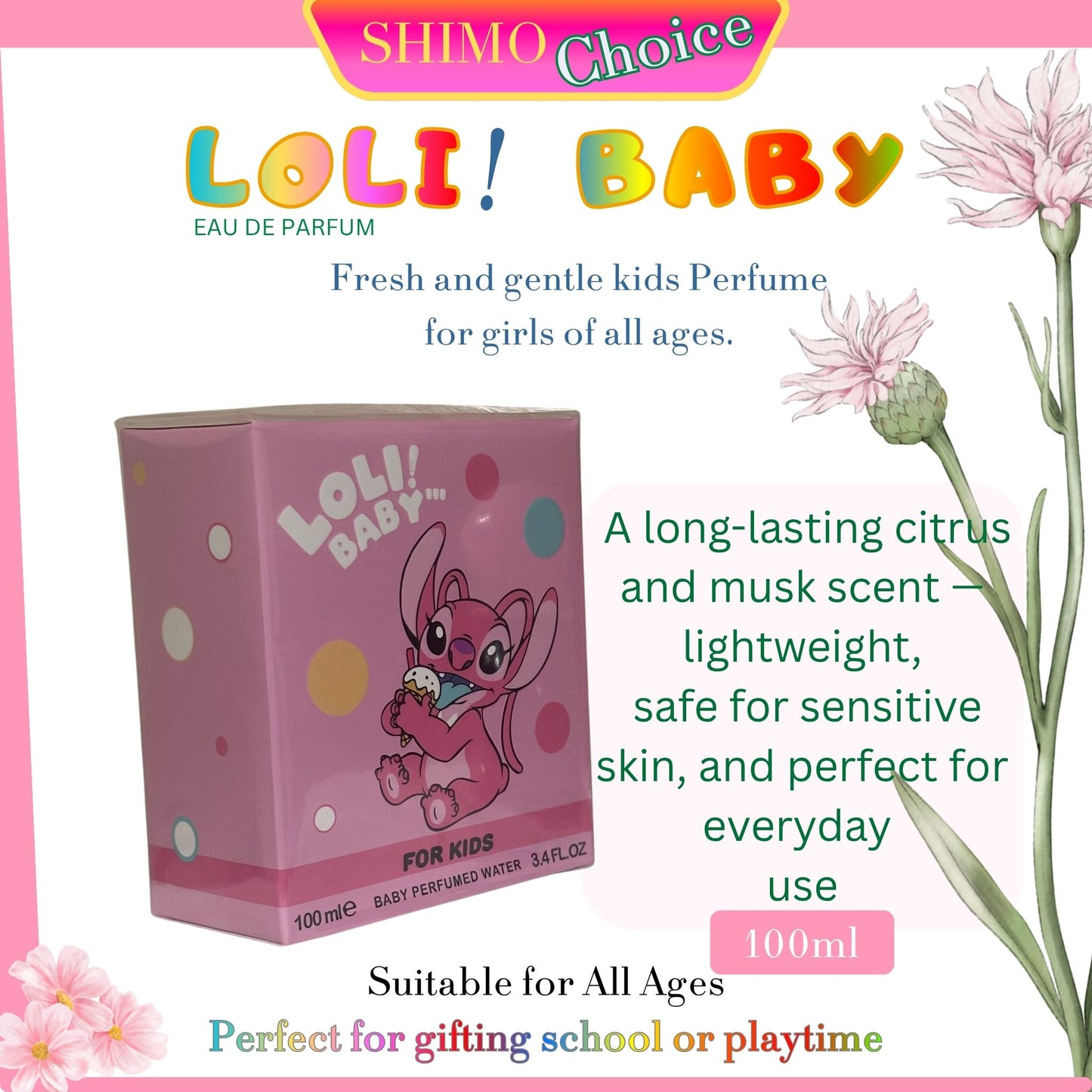 Loli Baby perfume packaging with floral elements on a white background