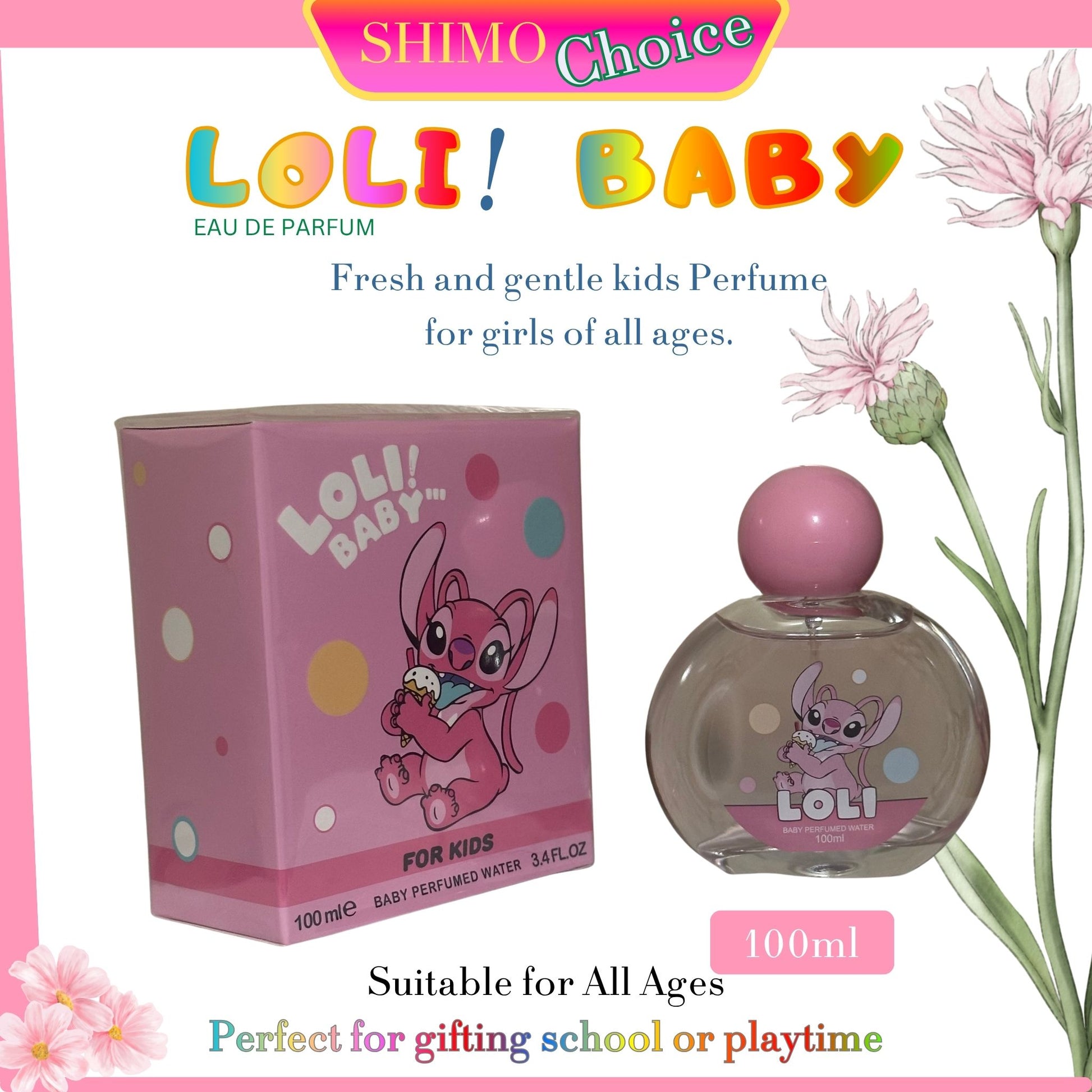 Loli Baby perfume set with packaging and bottle on a white background