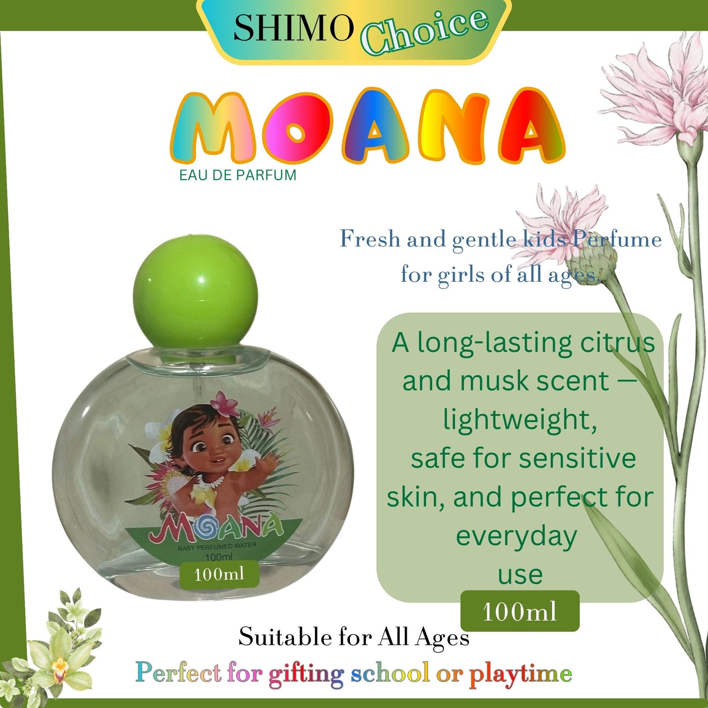 Shimo Choice Moana perfume bottle with product details on a white background. shimo.online
