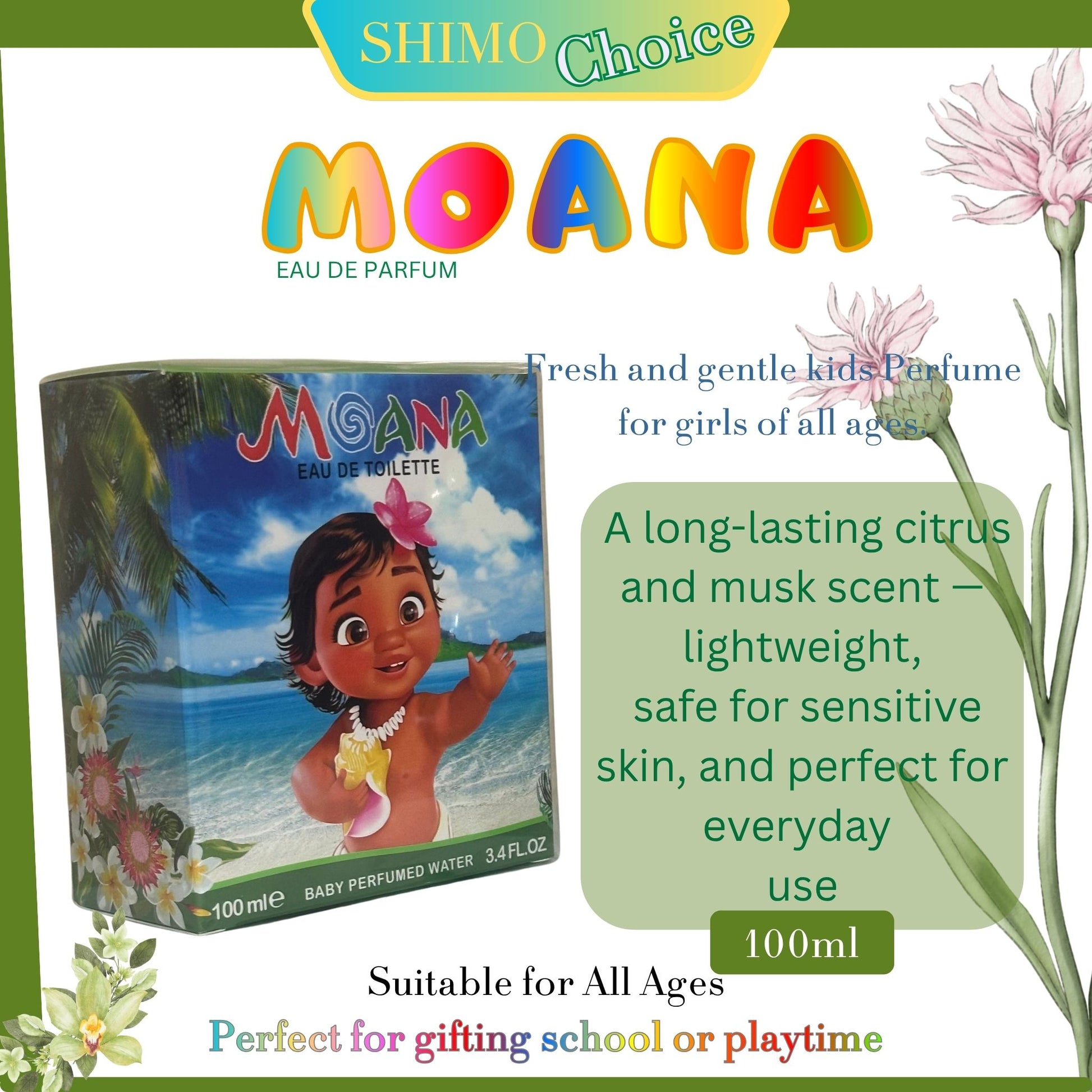Shimo Choice Moana perfume packaging with product details and branding elements. shimo.online