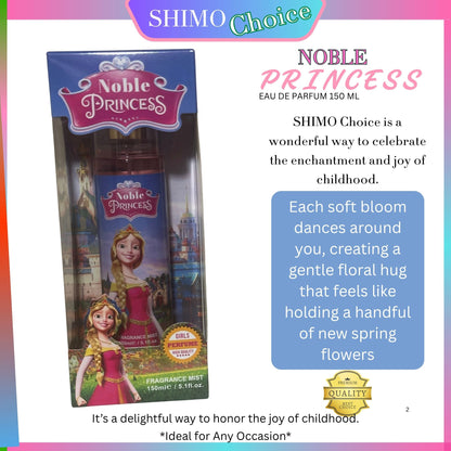 Noble Princess perfume packaging with promotional text on a colorful background