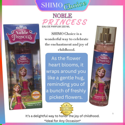 Noble Princess perfume packaging with text on a colorful background