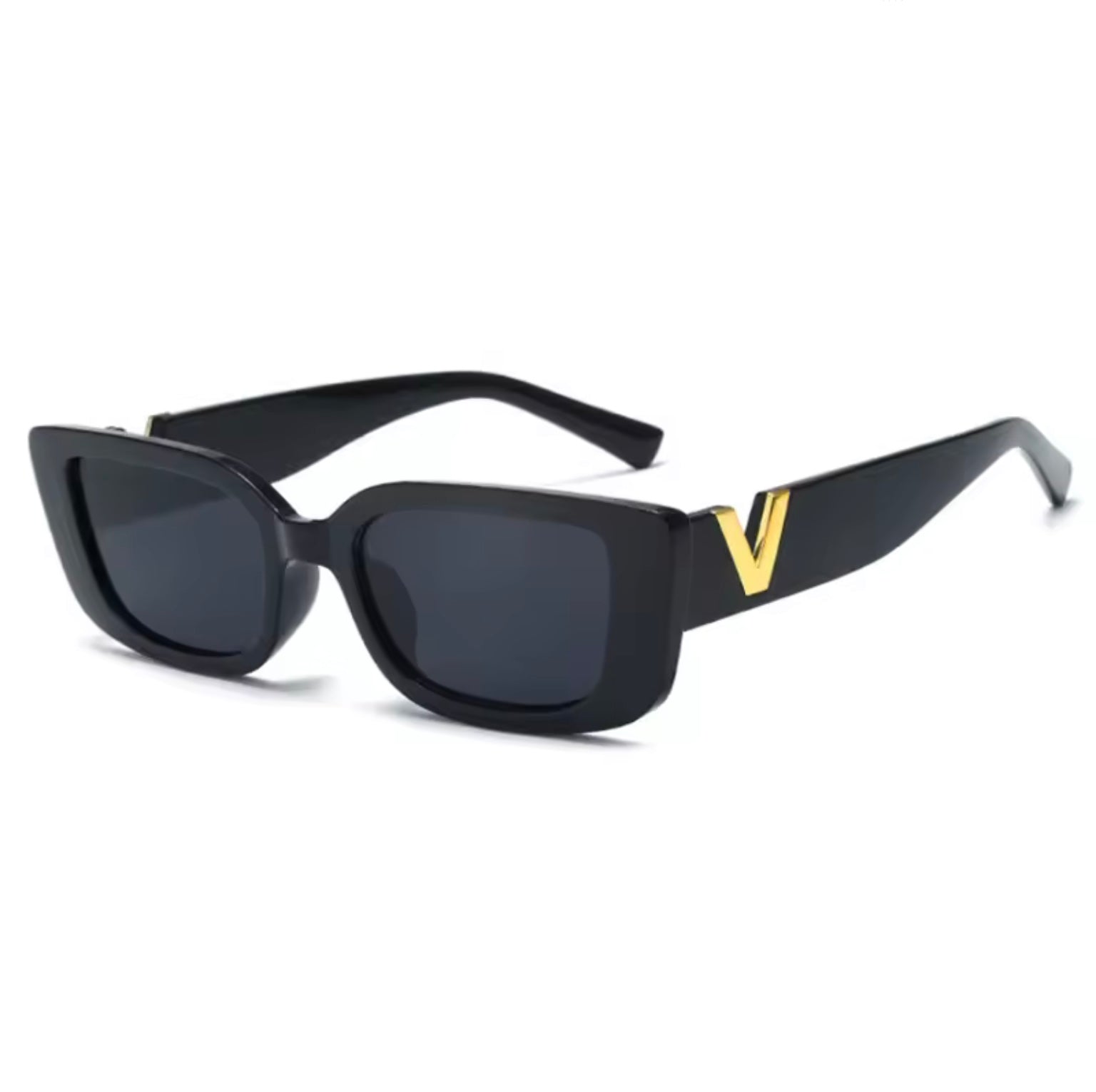 Black sunglasses with a gold 'V' on the arm against a white background