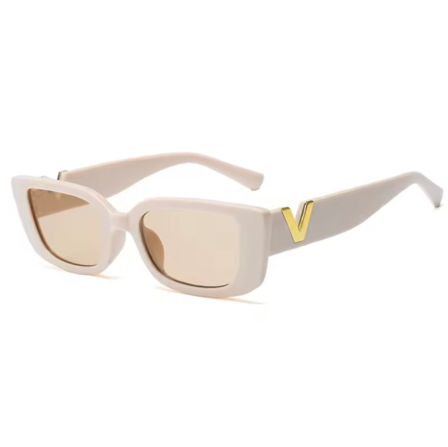 Beige sunglasses with a gold logo on a white background