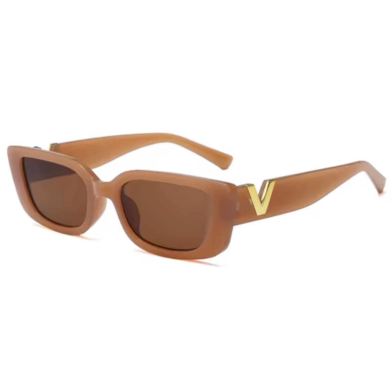 Brown sunglasses with a gold logo on a white background