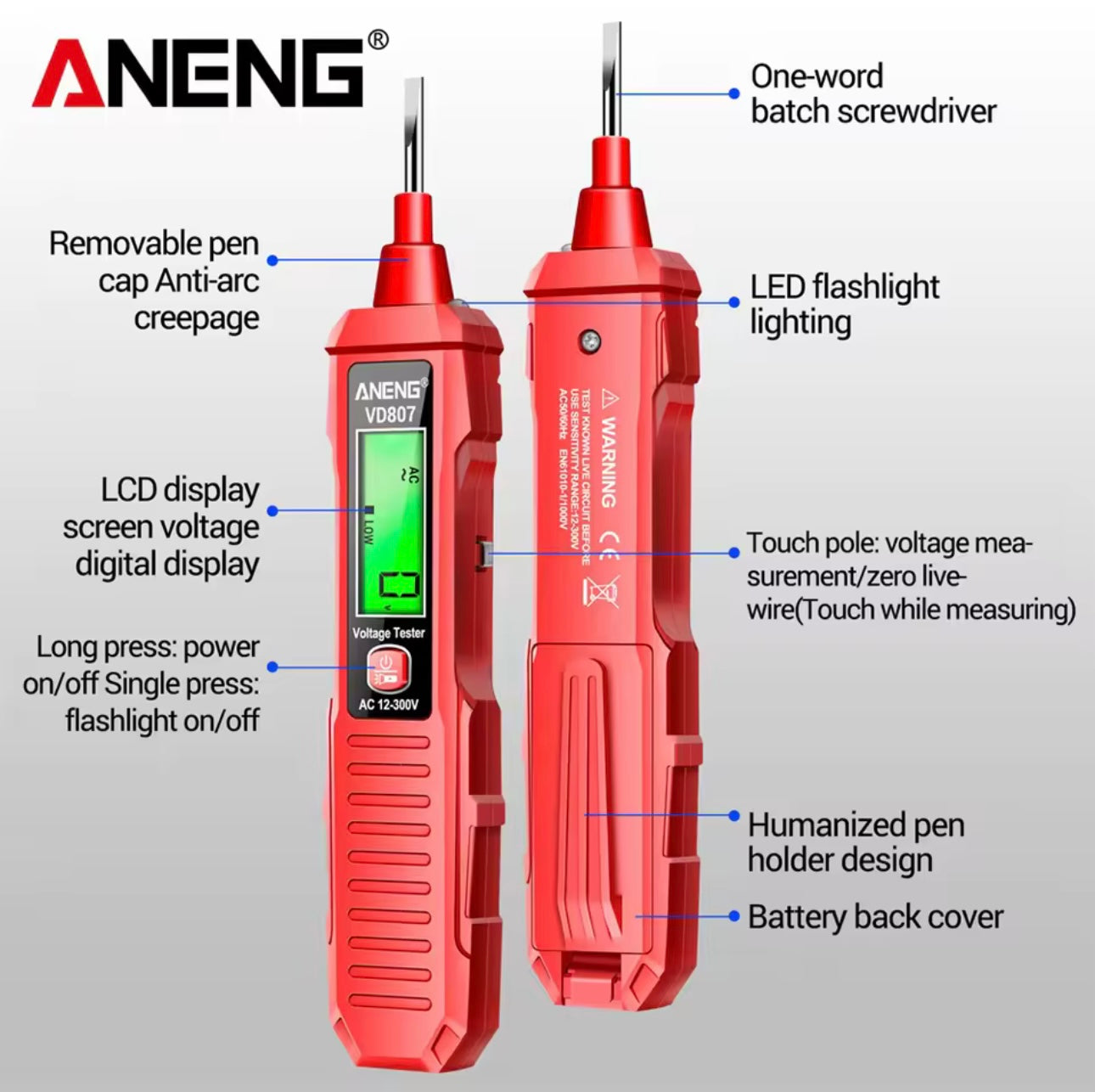 Red voltage tester with features labeled on a gray background