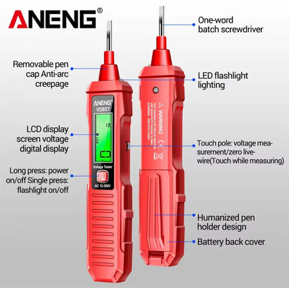 Red voltage tester with features labeled on a gray background