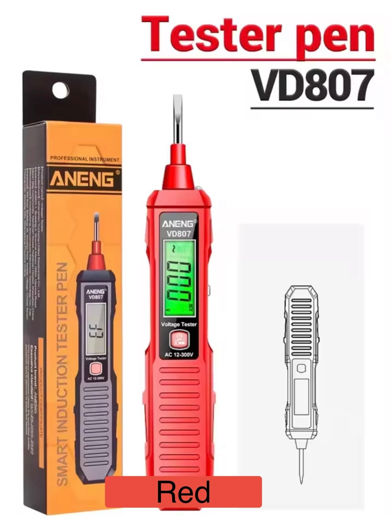 Red voltage tester pen with digital display and packaging labeled 'Aneng VD807' on a white background.