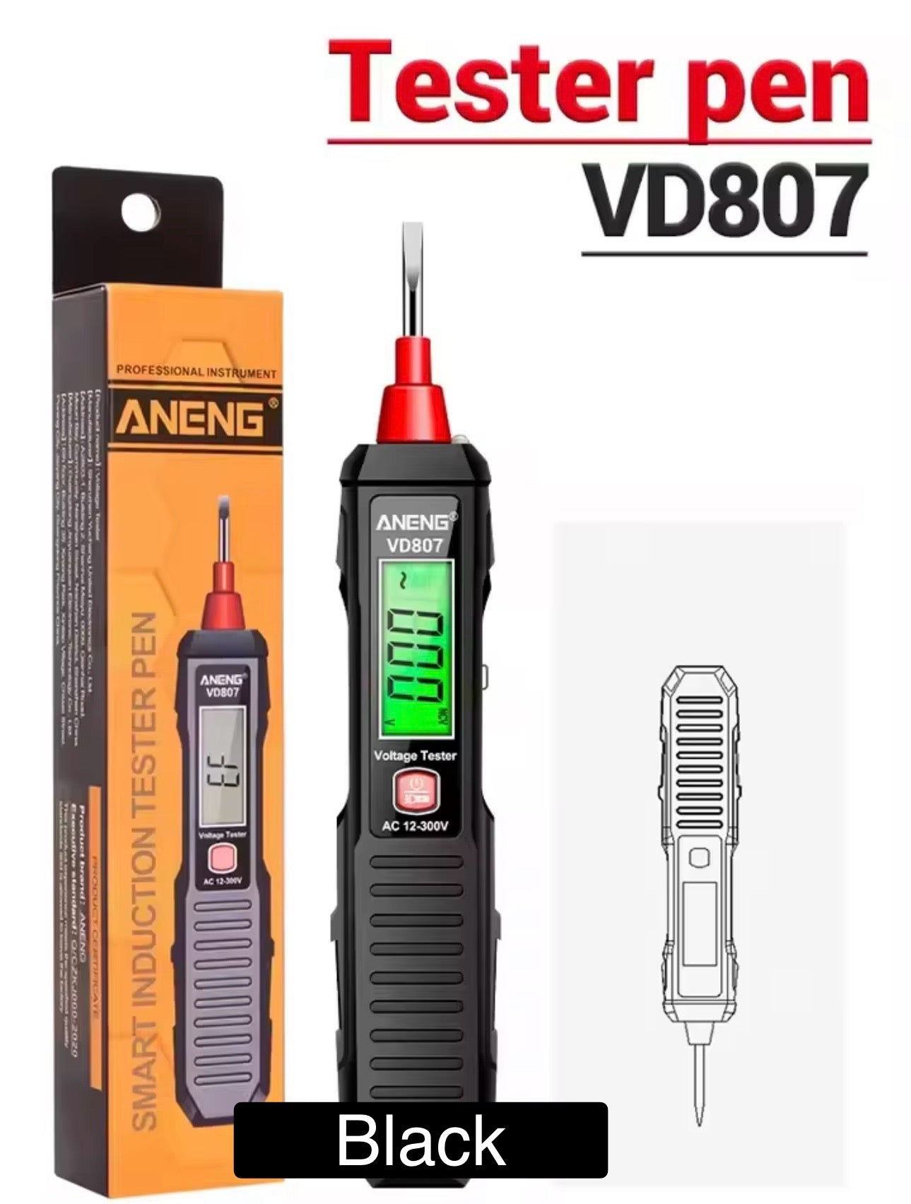 shimo/Tester pen VD807 with packaging and technical illustration on a white background