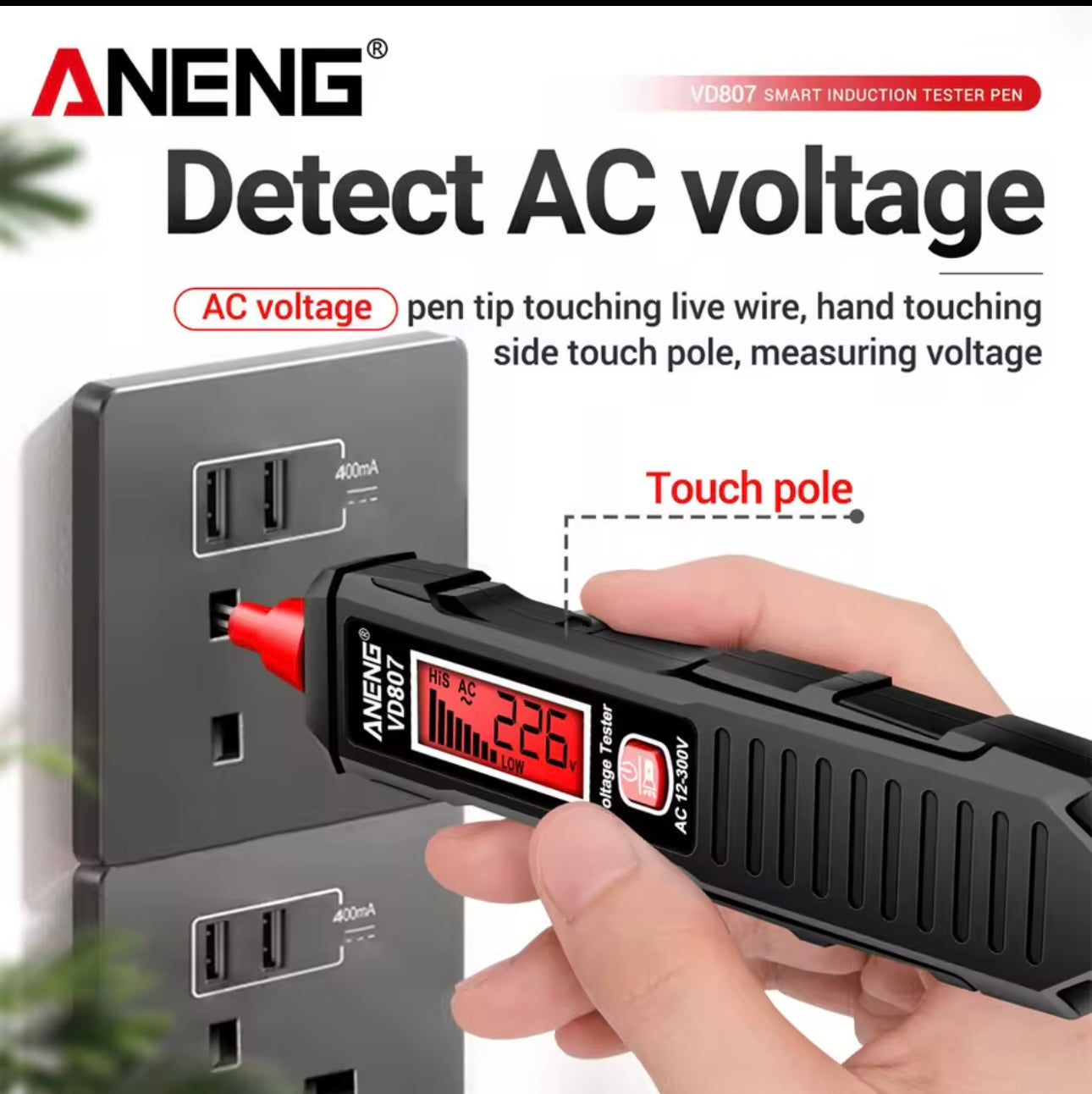 AnENG voltage detector pen being used to check AC voltage on a wall socket.
