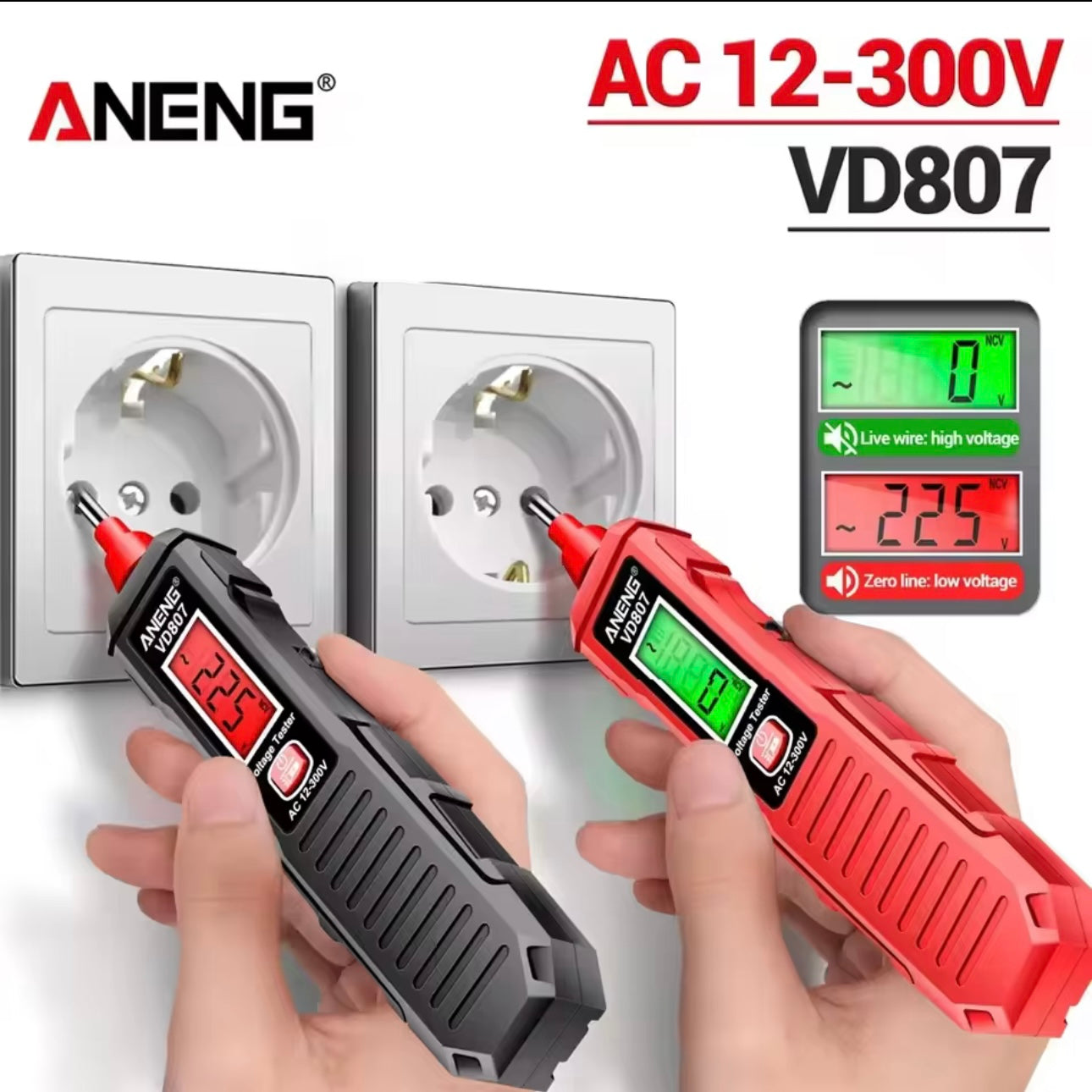 Shimo/Two digital voltage testers being used on electrical outlets with 'Aneng' branding.